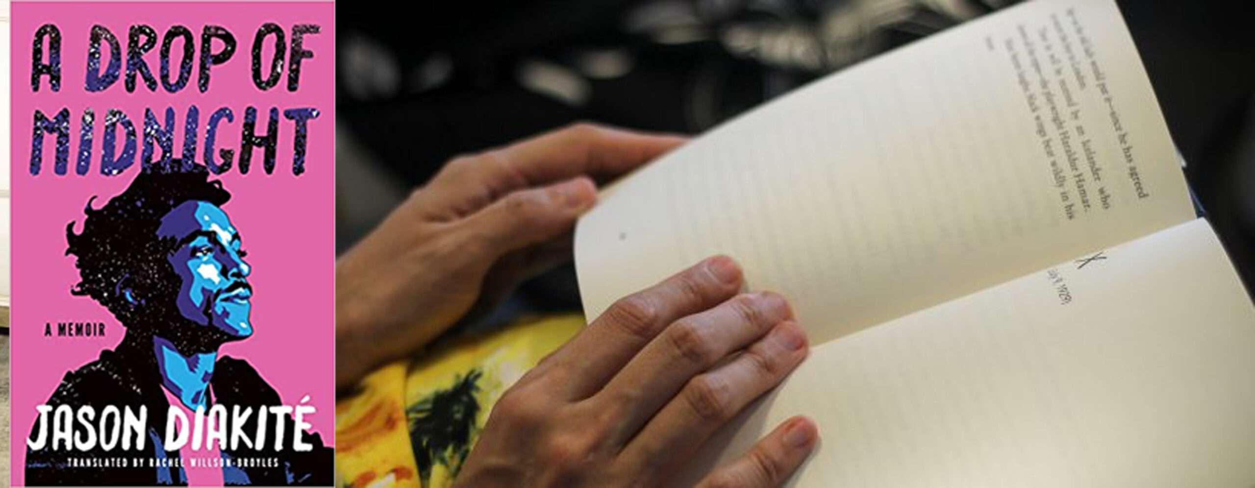 pink book cover titled "A Drop of Midnight" with a stylized image of a man. To the right a photo of hands holding a book