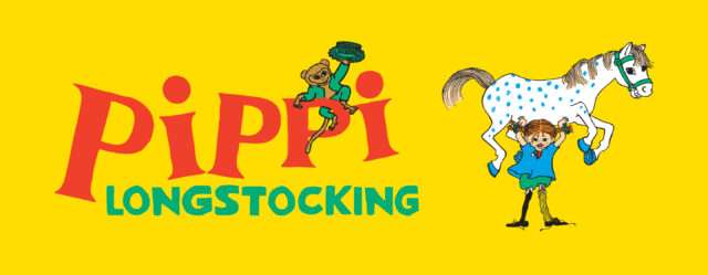 illustration of Pippi Longstocking holding her horse up above her head. To left the title "Pippi Longstocking" in red and green