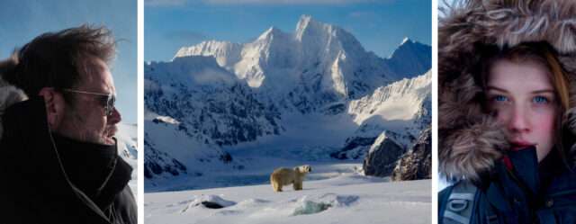 Collage consisting of 3 images, a close-up of a man and one of a woman, both wearing parkas. In the middle an image of a polar bear in an icy landscape