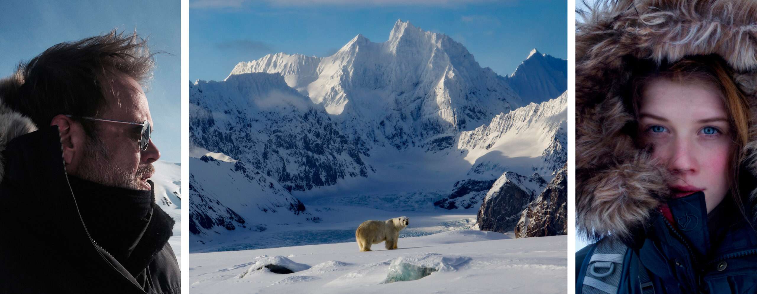 Collage consisting of 3 images, a close-up of a man and one of a woman, both wearing parkas. In the middle an image of a polar bear in an icy landscape