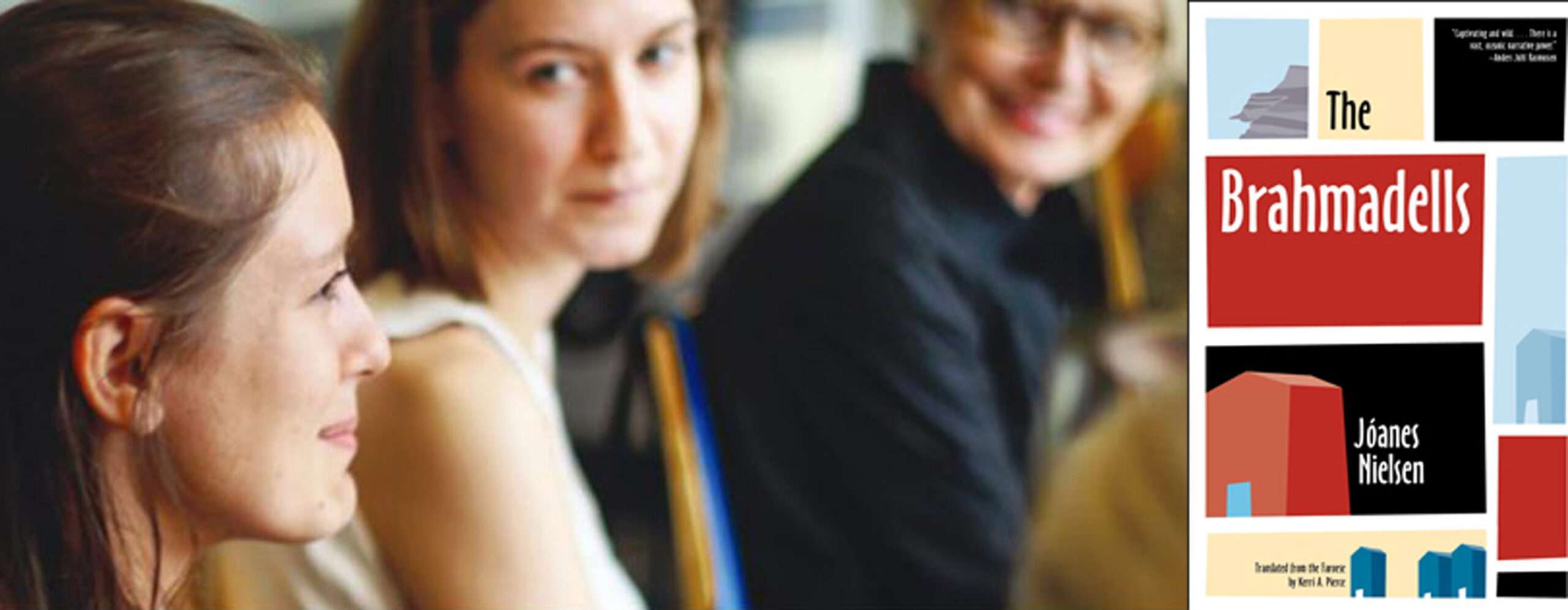 Close up of three women smiling. To the right the book cover of The Brahmadells