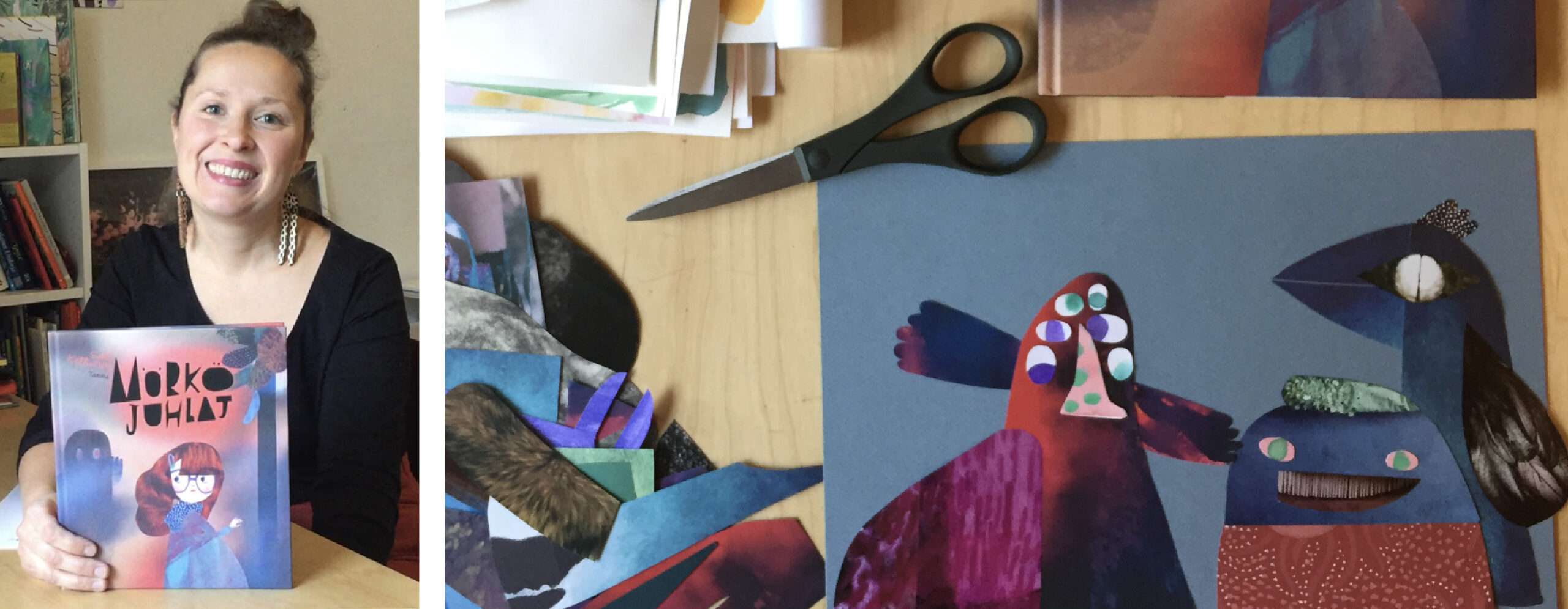 Smiling woman holding the children's book with the title "Mörköjuhlat" (Monster party in Finnish). Next to her picture is another picture with cutout monsters and tools for making monsters