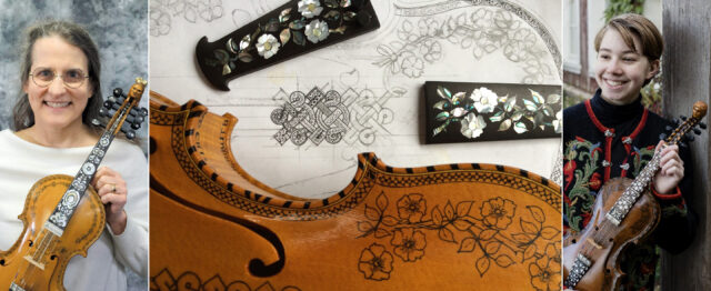 Left to Right: Karen Rebholz, Hardanger Fiddle detail by Karen Rebholz, and Lucy Jacobus