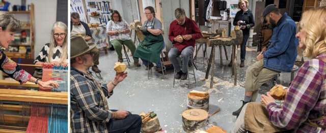 Photo Of Laura Foster Nicholson (Left) Teaching Discontinuous Brocade Weaving And Alex Yerks (Right) Teaching A Kuksa Carving Workshop At The Finnish Folk School (2021 And 2023 Asf Folk Arts Public Program Grantee).