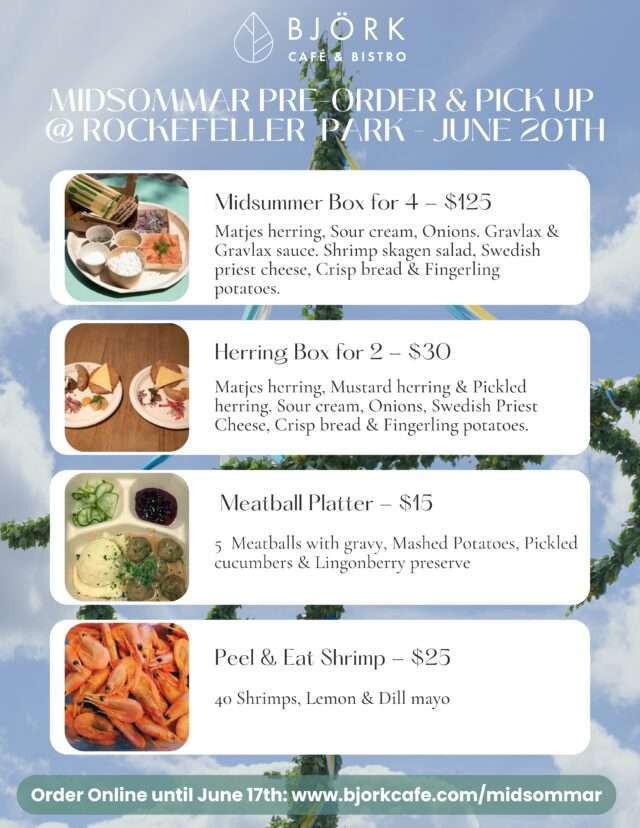 Midsummer Pick-Up Options for June 20th: Midsummer Box for 4, Herring Box for 2, Meatball Platter, Peel & Eat Shrimp